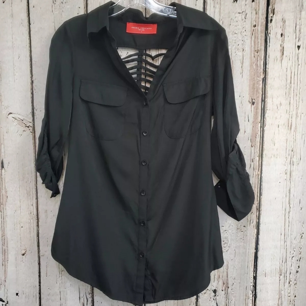 Akira Women's Small Black Cut Out Button Down Long Sleeve Blouse Shirt Top